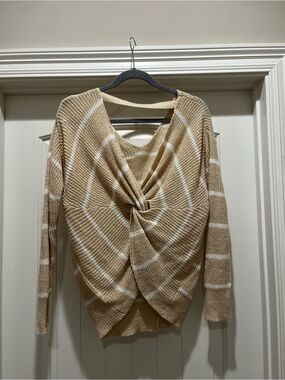Twist Back Striped Knit Sweater - Tan & White